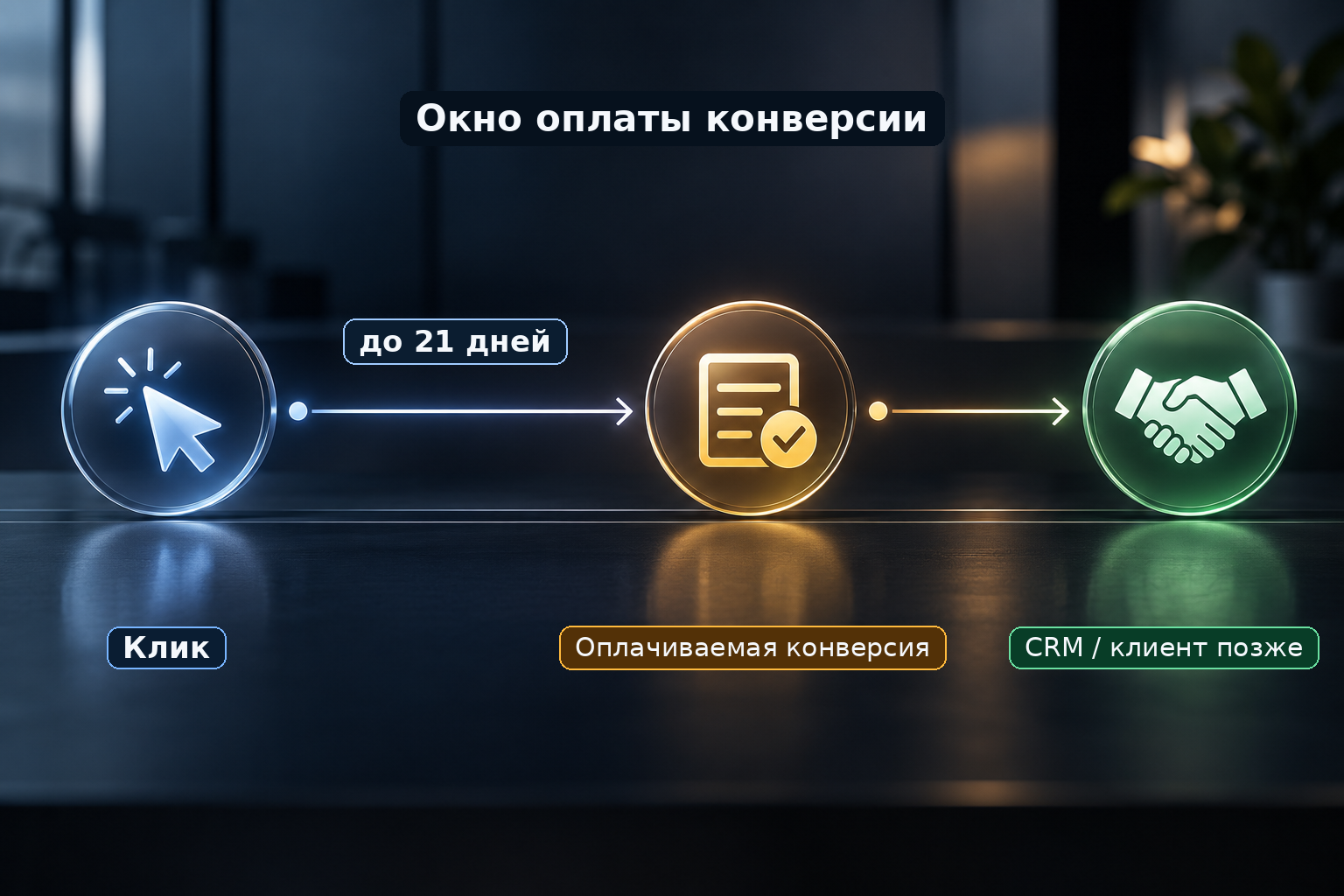 Временная линия от рекламного клика через 21-дневное окно до оплачиваемой конверсии и возможного более позднего результата в CRM